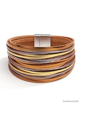 Bohemian Leather Wrap Bracelet, Layered Stackable Bracelets with Clasp Women